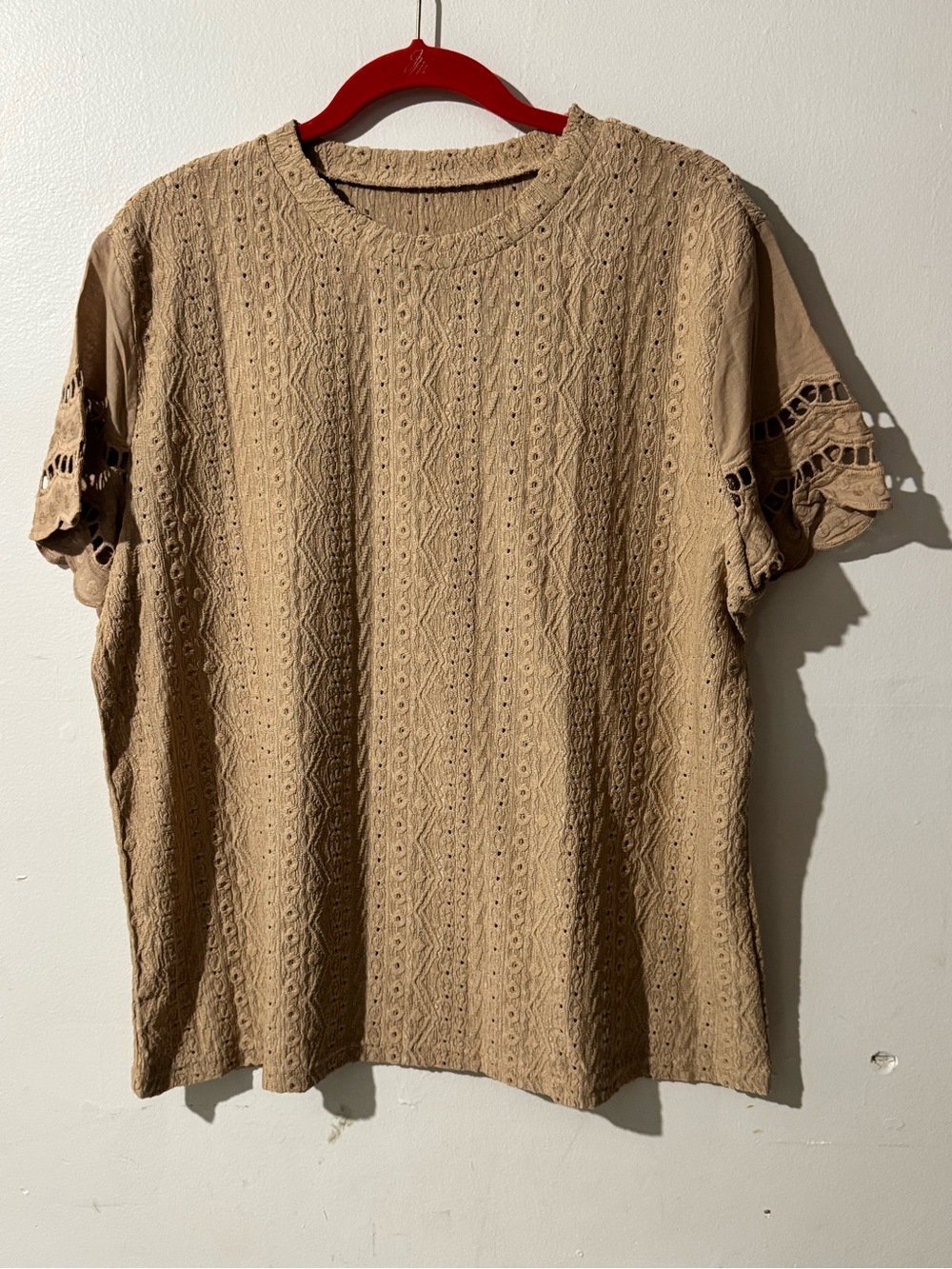 Textured Short Sleeve Embroidered Women's Top in Tan Sz 3XL